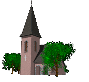 Gammel kirke med træer som vinden blæser i - animation